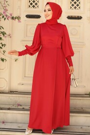 Modest Red Satin Evening Dress 61031K - 1