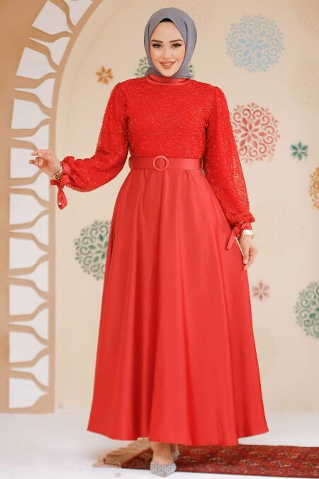 Modest Red Satin Evening Gown 6176K - NEVA STYLE