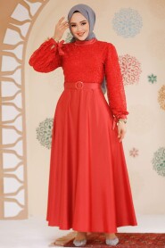 Modest Red Satin Evening Gown 6176K - 2