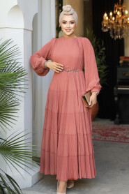 Modest Salmon Pink Ruffle Dress 44761SMN - 2