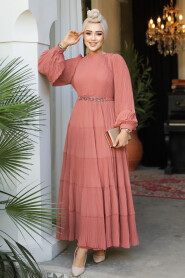 Modest Salmon Pink Ruffle Dress 44761SMN - 3