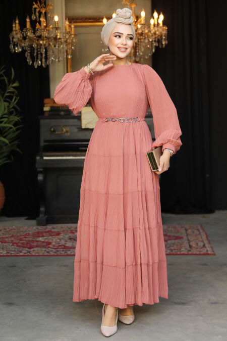 Modest Salmon Pink Ruffle Dress 44761SMN - NEVA STYLE