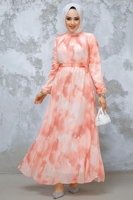 Modest Salmon Pink Chiffon Dress 34469SMN - NEVA STYLE