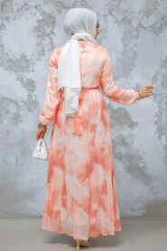 Modest Salmon Pink Chiffon Dress 34469SMN - 3