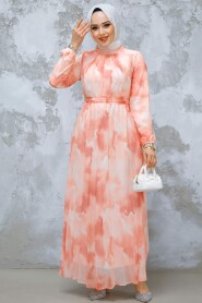 Modest Salmon Pink Chiffon Dress 34469SMN - 2