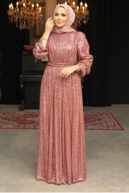 Modest Salmon Pink Evening Gown With Long Sleeve 44961SMN 