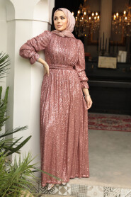 Modest Salmon Pink Evening Gown With Long Sleeve 44961SMN - 2