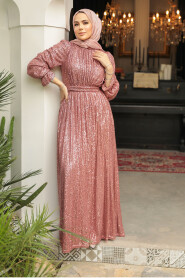 Modest Salmon Pink Evening Gown With Long Sleeve 44961SMN - 3