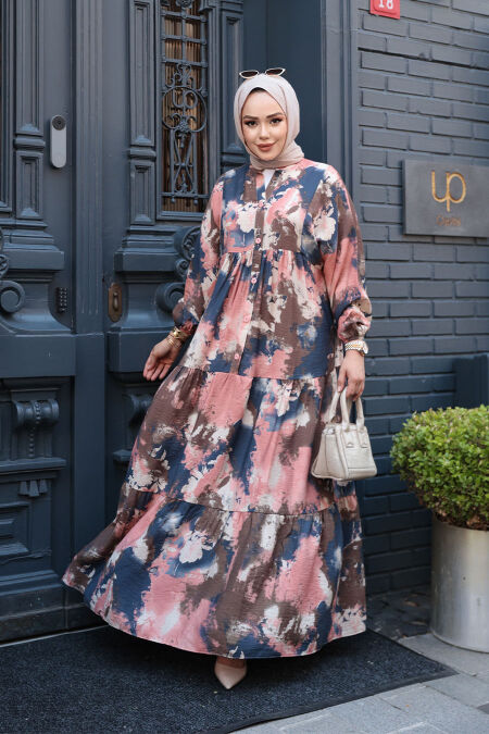 Modest Salmon Pink Floral Dress 19038SMN - NEVA STYLE