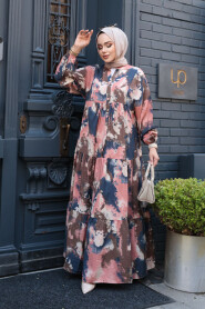 Modest Salmon Pink Floral Dress 19038SMN - 2