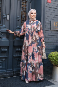 Modest Salmon Pink Floral Dress 19038SMN - 3