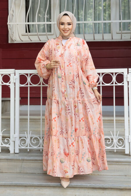 Modest Salmon Pink Floral Maxi Dress 710504SMN - NEVA STYLE