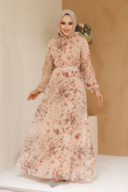Modest Salmon Pink Floral Plus Size Dress 27966SMN - NEVA STYLE