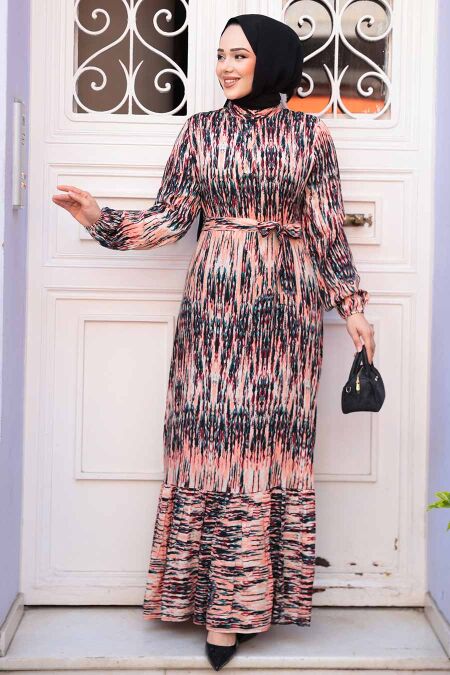 Modest Salmon Pink Patterned Dress 52721SMN - NEVA STYLE