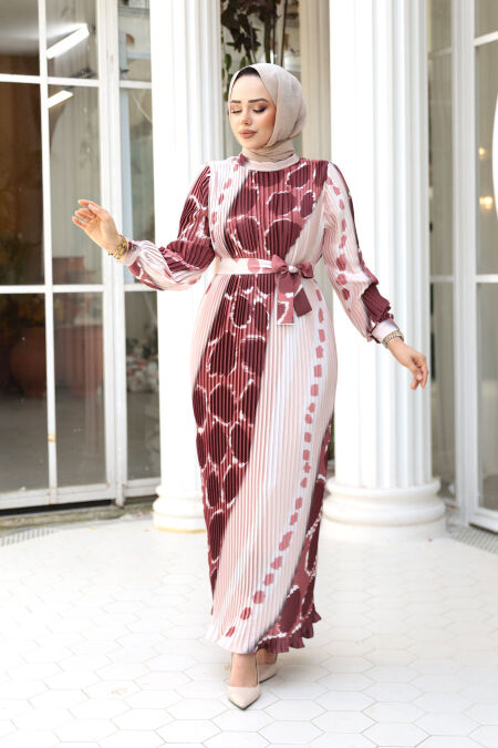 Modest Salmon Pink Pleated Dress 23503SMN - NEVA STYLE