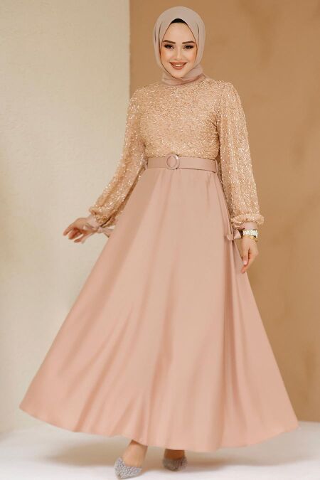 Modest Salmon Pink Satin Evening Gown 6176SMN - NEVA STYLE