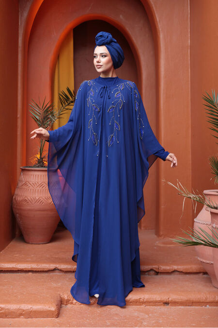 Modest Sax Blue Cape Evening Gown 25909SX - NEVA STYLE