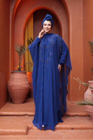Modest Sax Blue Cape Evening Gown 25909SX - 2