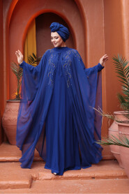 Modest Sax Blue Cape Evening Gown 25909SX - 4