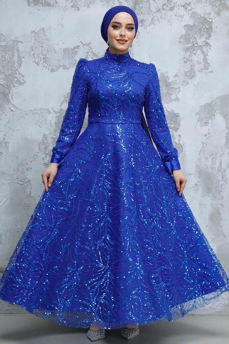 Modest Sax Blue Elegant Evening Gown 4908SX - NEVA STYLE