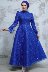 Modest Sax Blue Elegant Evening Gown 4908SX - 4