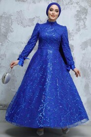 Modest Sax Blue Elegant Evening Gown 4908SX - 3