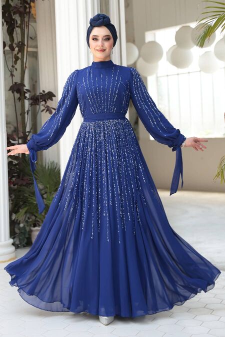 Modest Sax Blue Engagement Gown 25913SX - NEVA STYLE