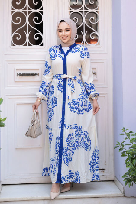 Modest Sax Blue Floral Dress 239201SX - NEVA STYLE