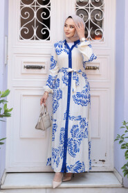 Modest Sax Blue Floral Dress 239201SX - 3