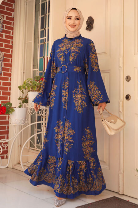 Modest Sax Blue Floral Long Dress 19481SX - NEVA STYLE