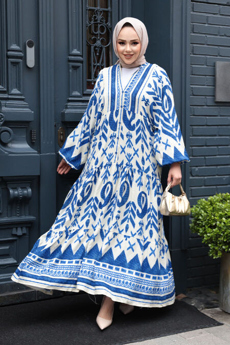 Modest Sax Blue Floral Long Dress 23456SX - NEVA STYLE