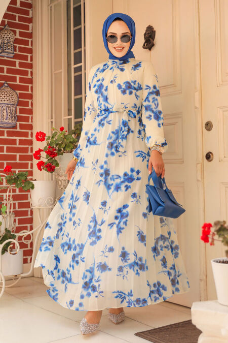Modest Sax Blue Floral Long Dress 34462SX - NEVA STYLE