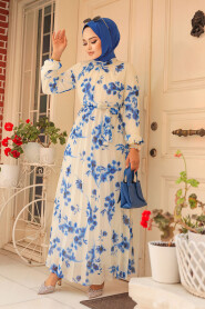 Modest Sax Blue Floral Long Dress 34462SX - 2