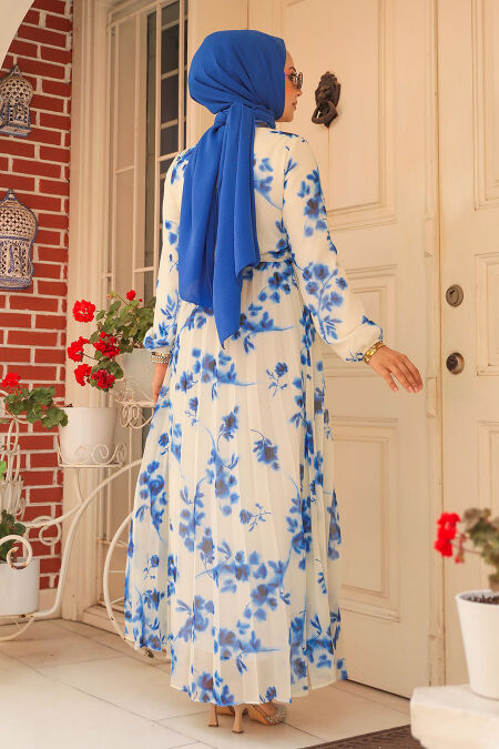 Modest Sax Blue Floral Long Dress 34462SX - Neva-style.com