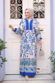 Modest Sax Blue Flower Dress 24012SX - 1