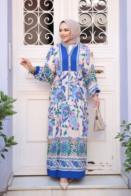 Modest Sax Blue Flower Dress 24012SX - NEVA STYLE