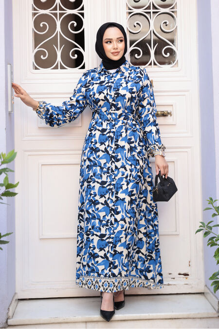 Modest Sax Blue Flower Summer Dress 24081SX - NEVA STYLE