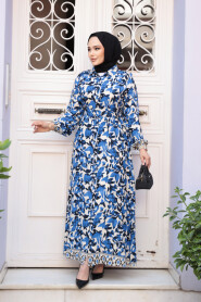 Modest Sax Blue Flower Summer Dress 24081SX - 2