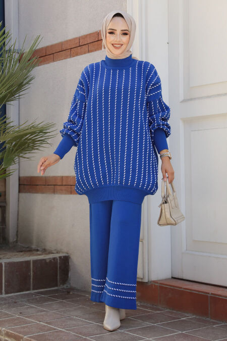 Modest Sax Blue Knitwear Dual Suit 10217SX - NEVA STYLE
