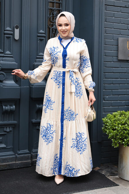 Modest Sax Blue Long Dress 23925SX - NEVA STYLE