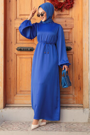 Modest Sax Blue Long Satin Dress 30371SX - 2