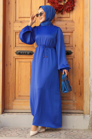 Modest Sax Blue Long Satin Dress 30371SX - 1