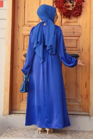 Modest Sax Blue Long Satin Dress 30371SX - 3