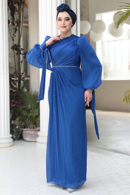 Modest Sax Blue Plus Size Evening Dress 50193SX - NEVA STYLE