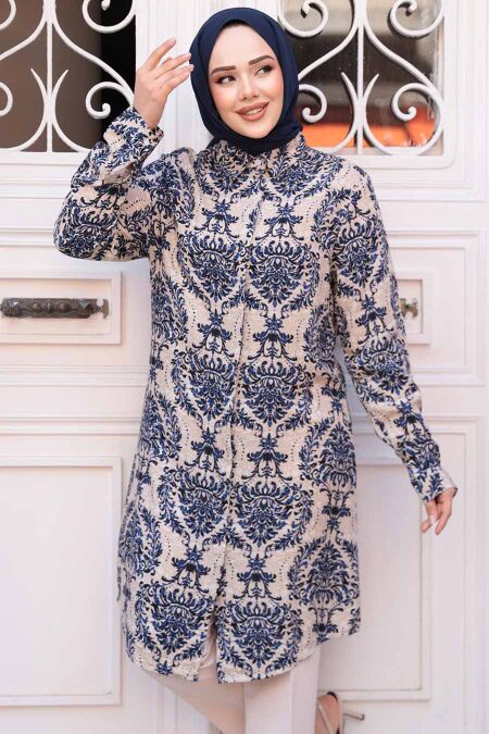 Modest Sax Blue Plus Size Top 11737SX - NEVA STYLE