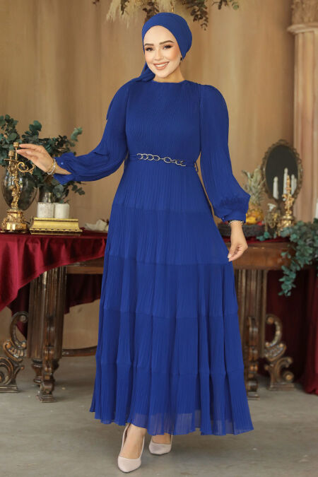Modest Sax Blue Ruffle Dress 44761SX - NEVA STYLE
