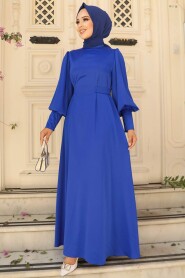 Modest Sax Blue Satin Evening Dress 61031SX - 2