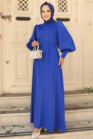 Modest Sax Blue Satin Evening Dress 61031SX - 1