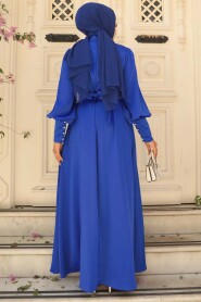 Modest Sax Blue Satin Evening Dress 61031SX - 3