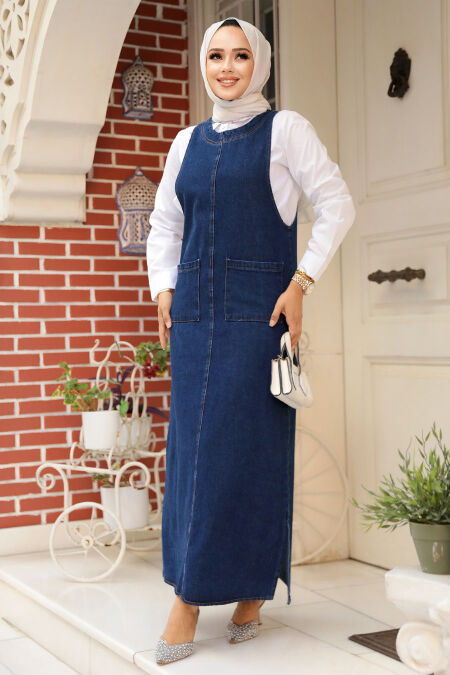 Modest Navy Blue Denim Dress 19011L - NEVA STYLE